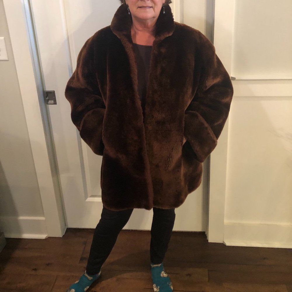 1950s Vintage Mouton Fur Sheared Sheep coat . Chocolate brown.